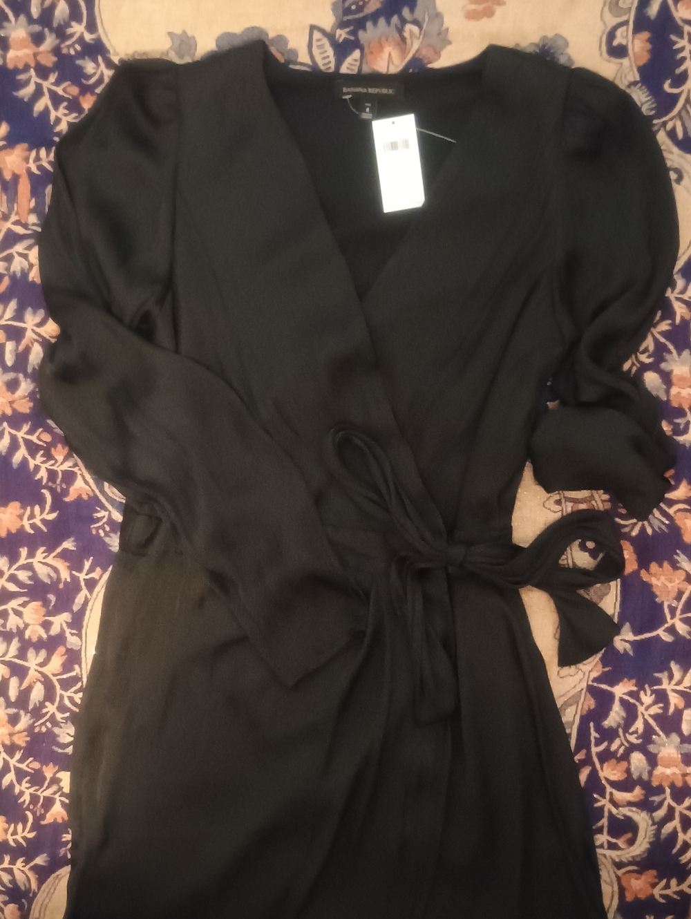 NWT Banana Republic Black Satin Wrap Sheath Dress - Size 6 Tall - Long Sleeves